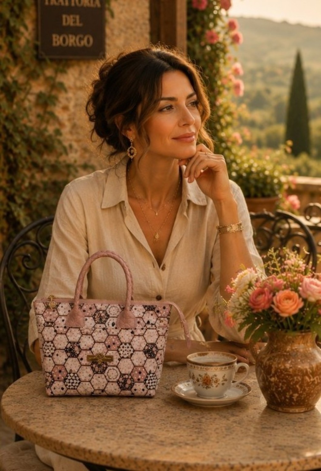 Pink patterned Xquizit Designs handbag carried in a village