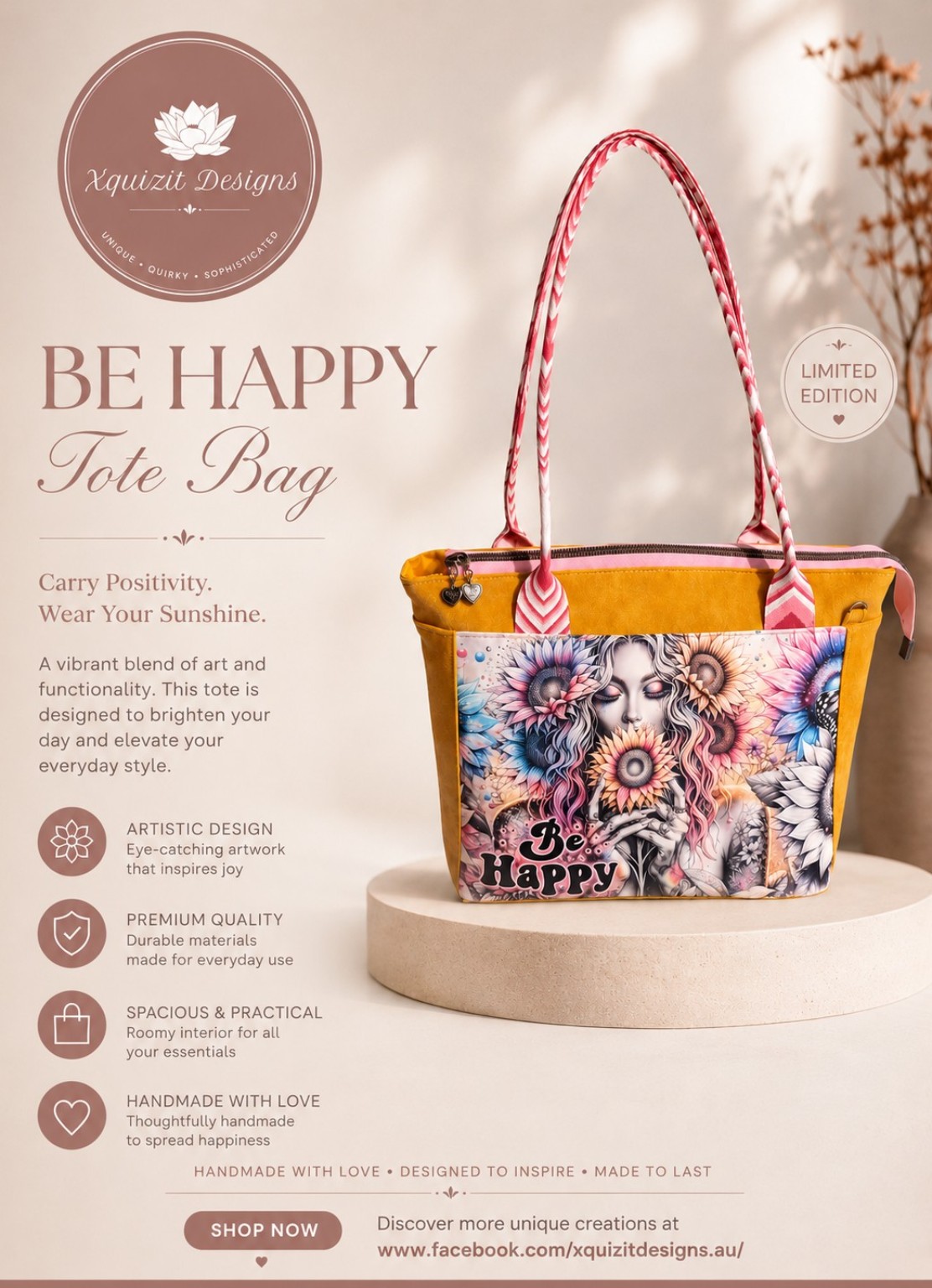 Colourful Xquizit Designs Be Happy tote bag