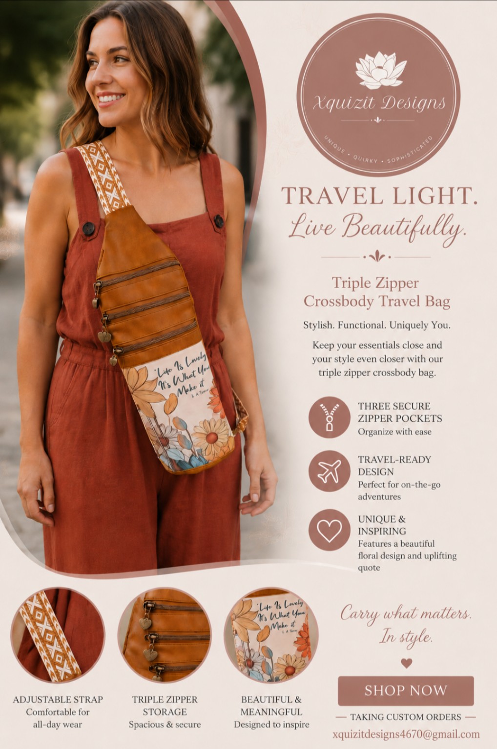 Xquizit Designs triple zipper crossbody travel bag